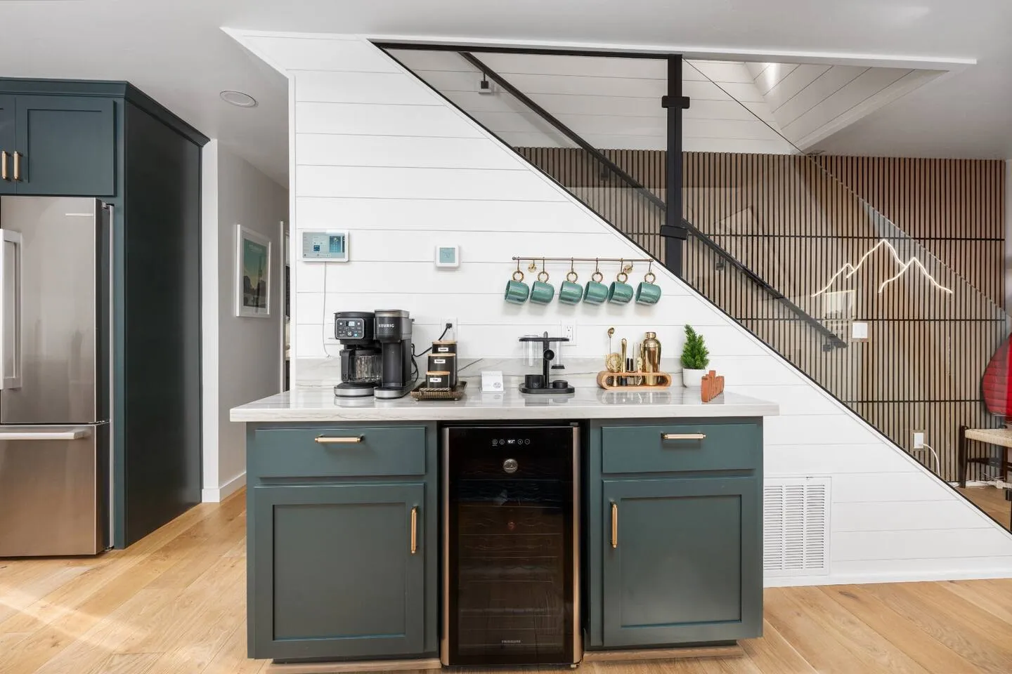 Coffee bar with Keurig, AeroPress and wine fridge