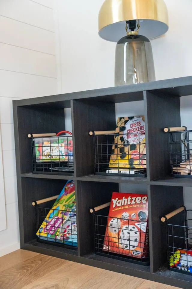 Shelf stocked with board games