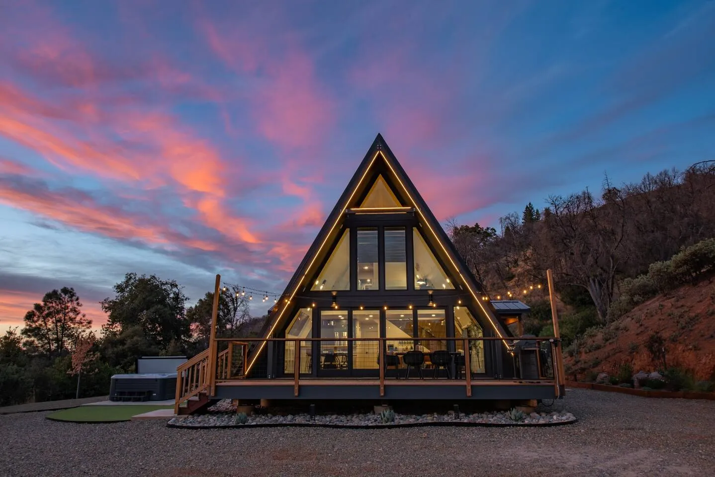 Phoenix Triangle A-frame cabin at dusk
