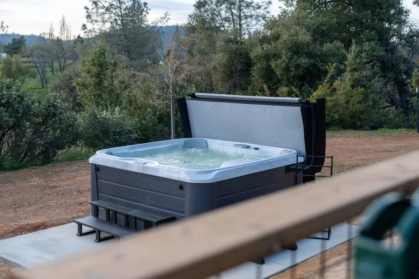 Six-person hot tub overlooking the foothills
