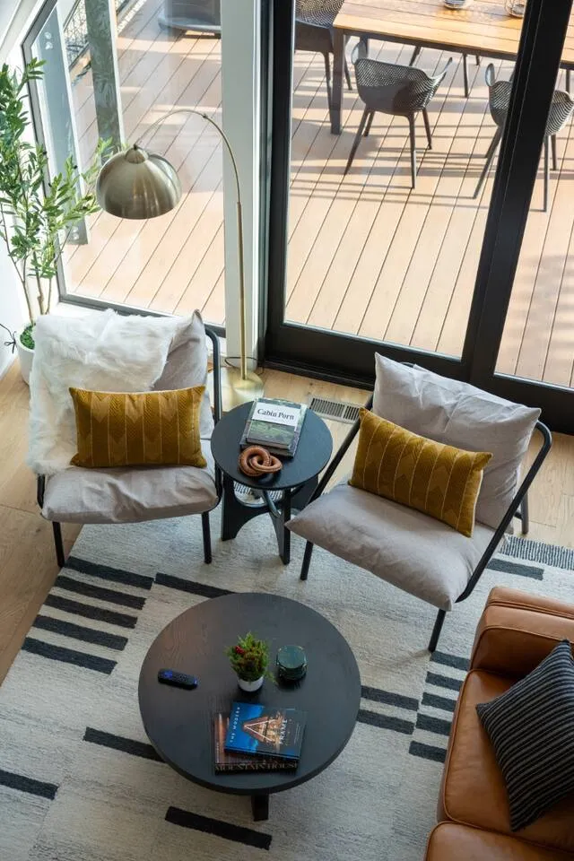 Reading nook with armchairs overlooking the deck