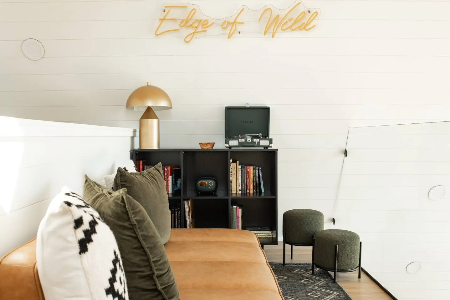 Loft lounge with record player and bookshelf